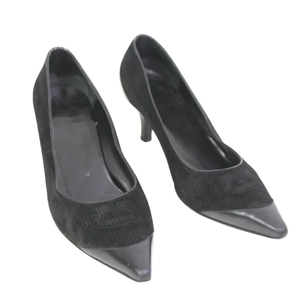 Salvatore Ferragamo BLACK REAL LEATHER VELVET MID HEEL CLASSIC PUMP SHOES 8.5C